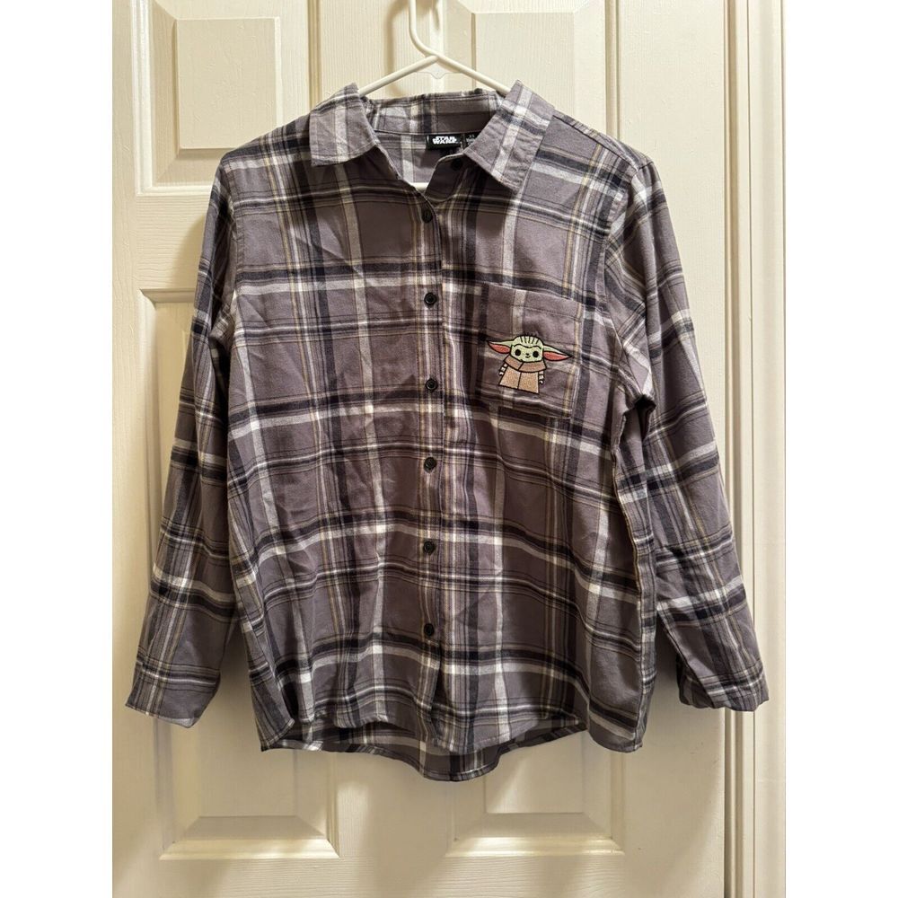 Star Wars Womens Shirt Plaid Size XS Button‎ Up The Mandalorian Gray Blue White